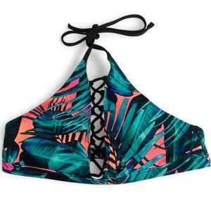 VICTORIA'S SECRET TEAL FLORAL PALM HALTER BIKINI TOP SIZE LARGE BEACH POOL SWIM